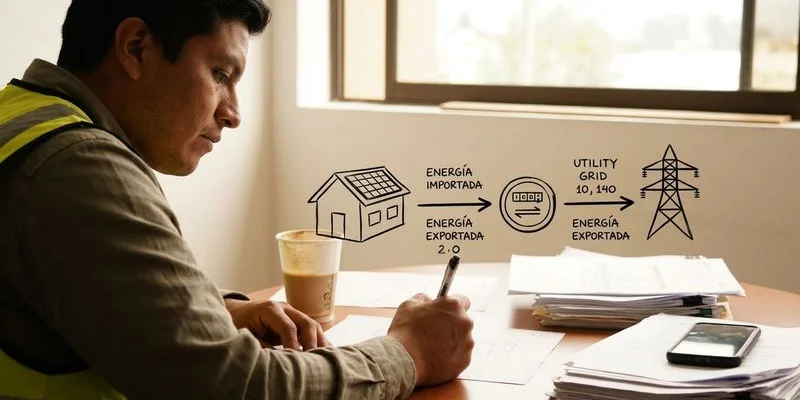 Diagrama de funcionamiento del net metering con paneles solares y medidor bidireccional