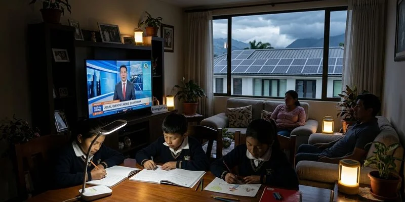 Familia ecuatoriana disfrutando de energía ininterrumpida gracias a paneles solares