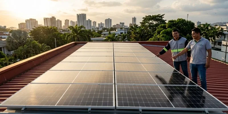 Paneles solares instalados en techo residencial moderno en Guayaquil Ecuador