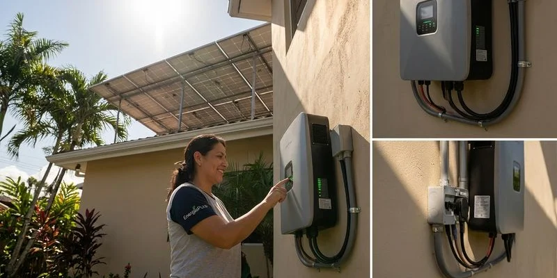 Sistema de baterías cargándose con paneles solares durante el día para máxima autonomía